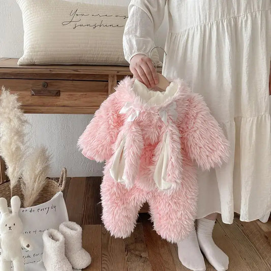 Cekcya Winter Warm Baby Cartoon Rabbit Hooded Romper Infant Girls Thick Coat Jumpsuit Newborn Clothes Soft Pajama Overalls