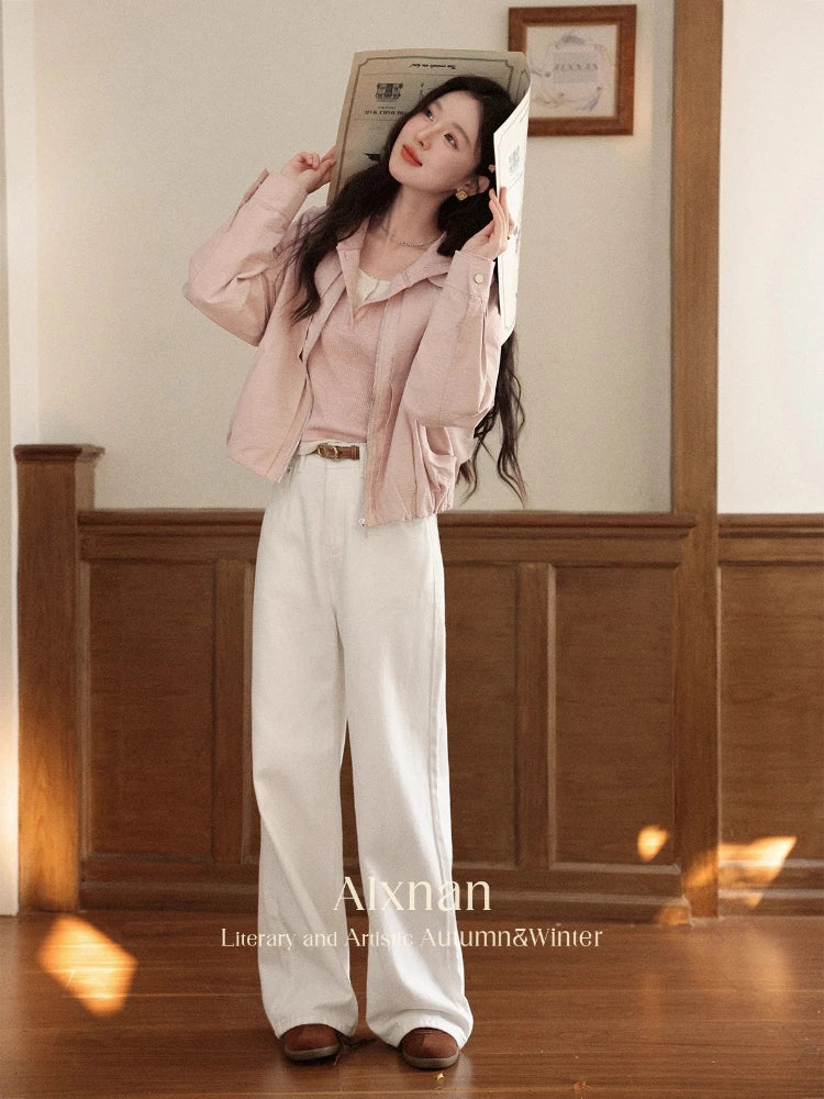 ALXNAN Women's Pink Lapel Jacket Short Coat New Autumn Edition with Gathered Hem Versatile Breathable Cotton Top L56722