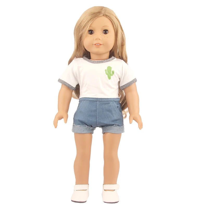 Cactus T-shirt+Denim Shorts Flower Dress+Hat Flamingo Doll Clothes Set For 18 inch American&43cm Baby New Born.OG,Life Girl Doll