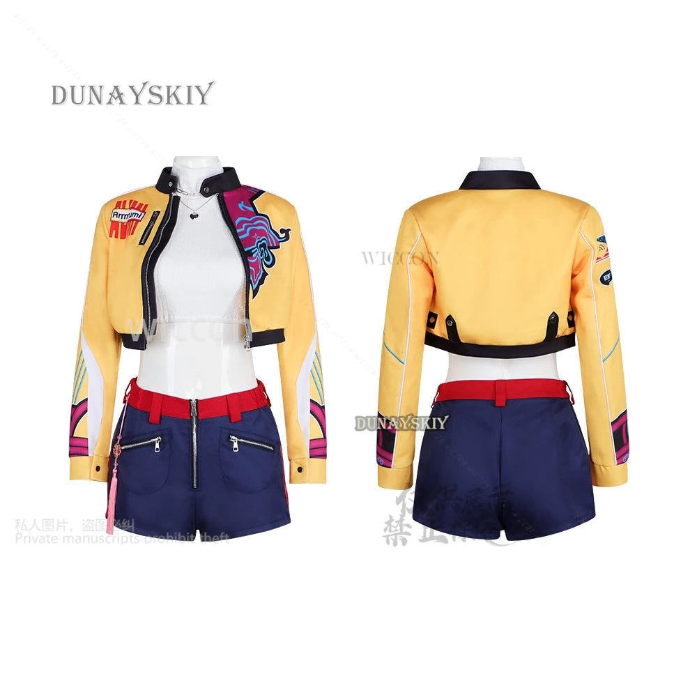 Anime Movie Demon Kpop Girl Group Cosplay Rumi Singing Costume Yellow Punk Y2K Coat Short Pants Long Wigs Halloween Party Cos