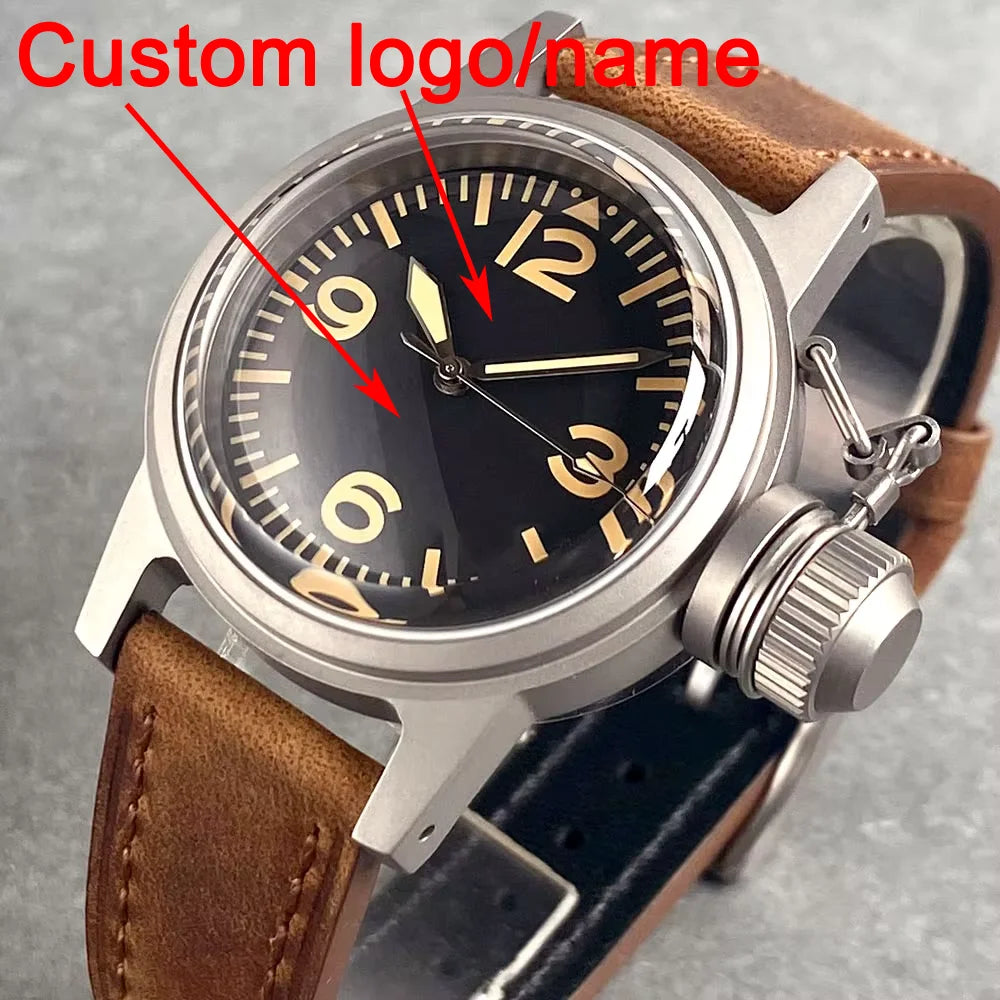 Customized 36MM Automatic NH35/PT5000 Movement Military Field Army Watch Vintage For Men 20ATM Big Crown Double Dome Sapphire