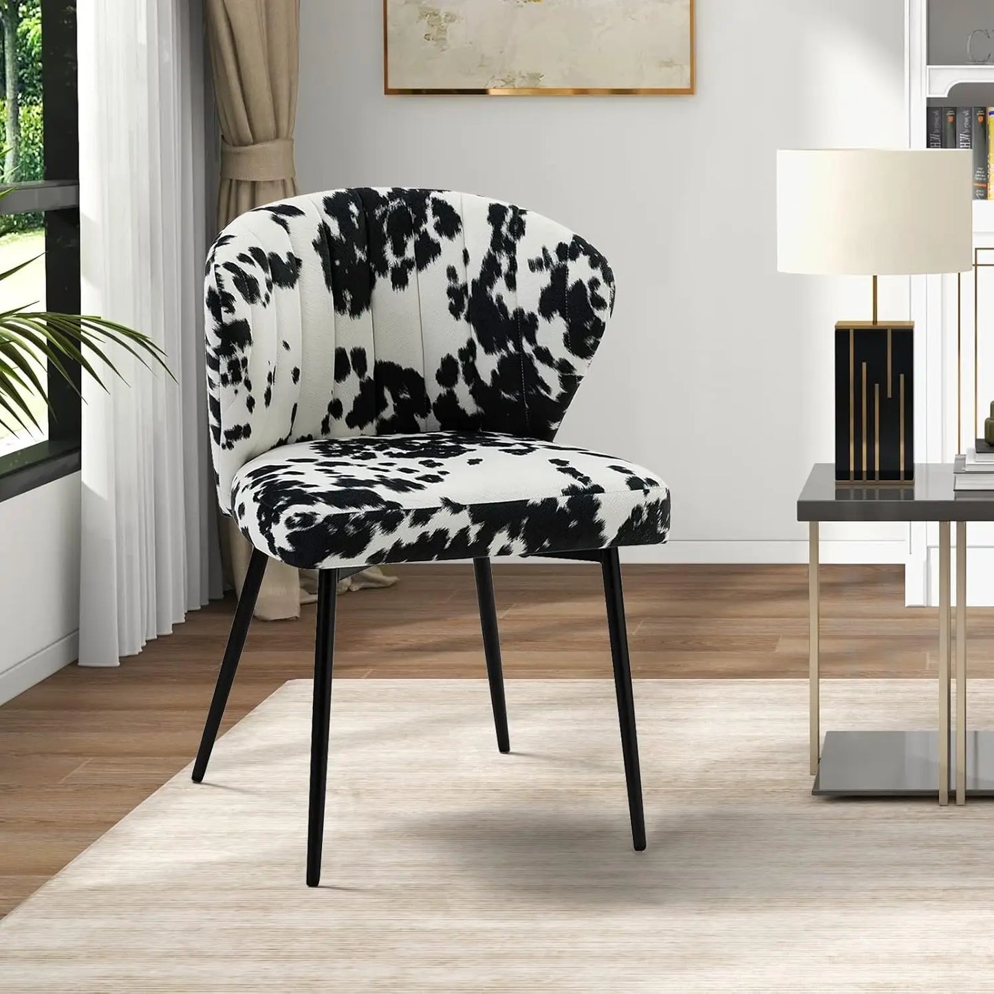 Modern Dining Chairs, Small Cute Armless Accent Chair, Upholstered Side Chair with Black Metal Legs, Tufted Back Vanity Chair fo