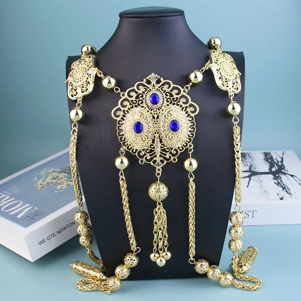 Sunspicems Chic Moroccan Bride Body Jewelery Algeria Women Back Shoulder Chain Gold Color Arabic Wedding Jewelry Long Necklace