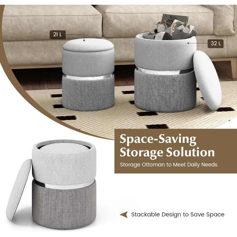 Storage Ottoman Set of 2, Modern Round Ottoman with Storage, Upholstered Linen Fabric Footrest with Sliver Hoop, Vanity