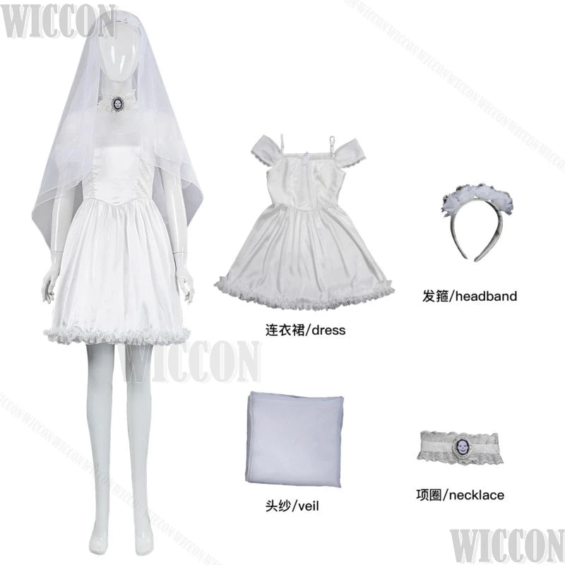 Corpse Bride Anime Emily Cosplay Fancy Outfit Gothic Clothes White Wedding Dress Veil Blue Wig Withered Garlands Prop Halloween