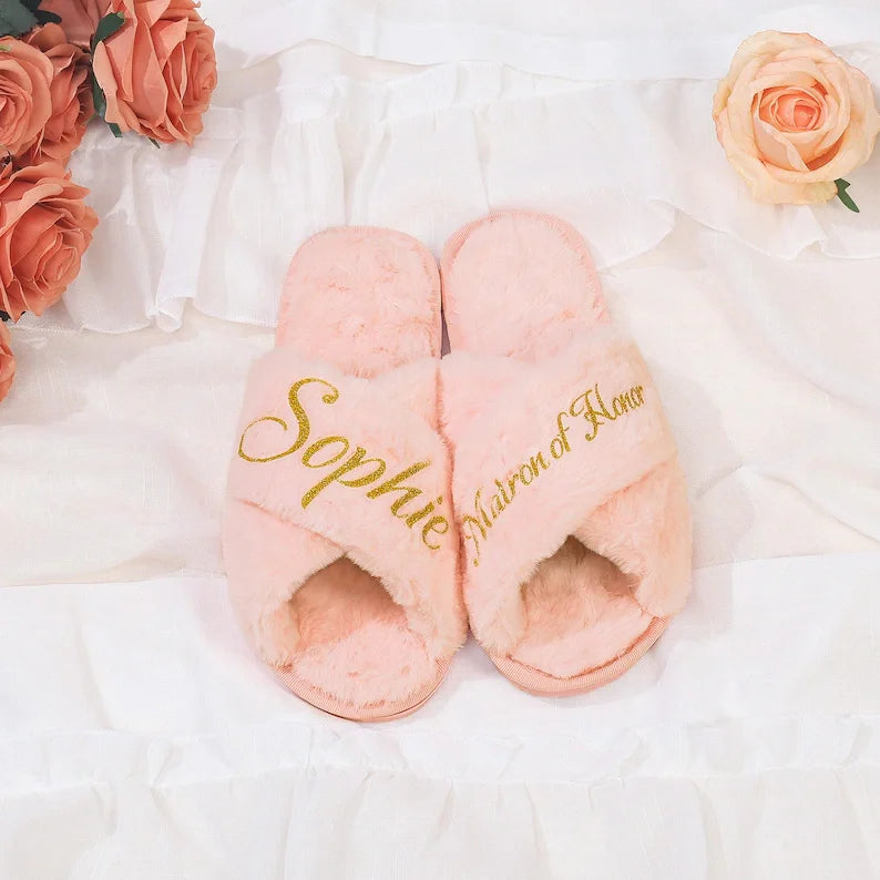 Personalized Bridesmaid Fluffy Slippers, Custom Bride Slippers, Bridal Slippers, Bridal Party Gifts Wedding Gift for Her