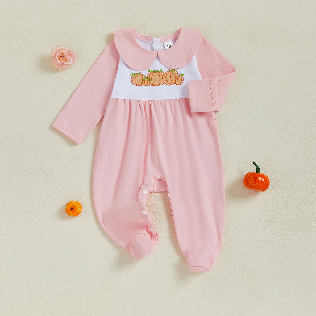 Baby Girl Halloween Romper Pumpkin Embroidered Doll Collar Long Sleeve Footie Pajama Cute Winter Fall Clothes