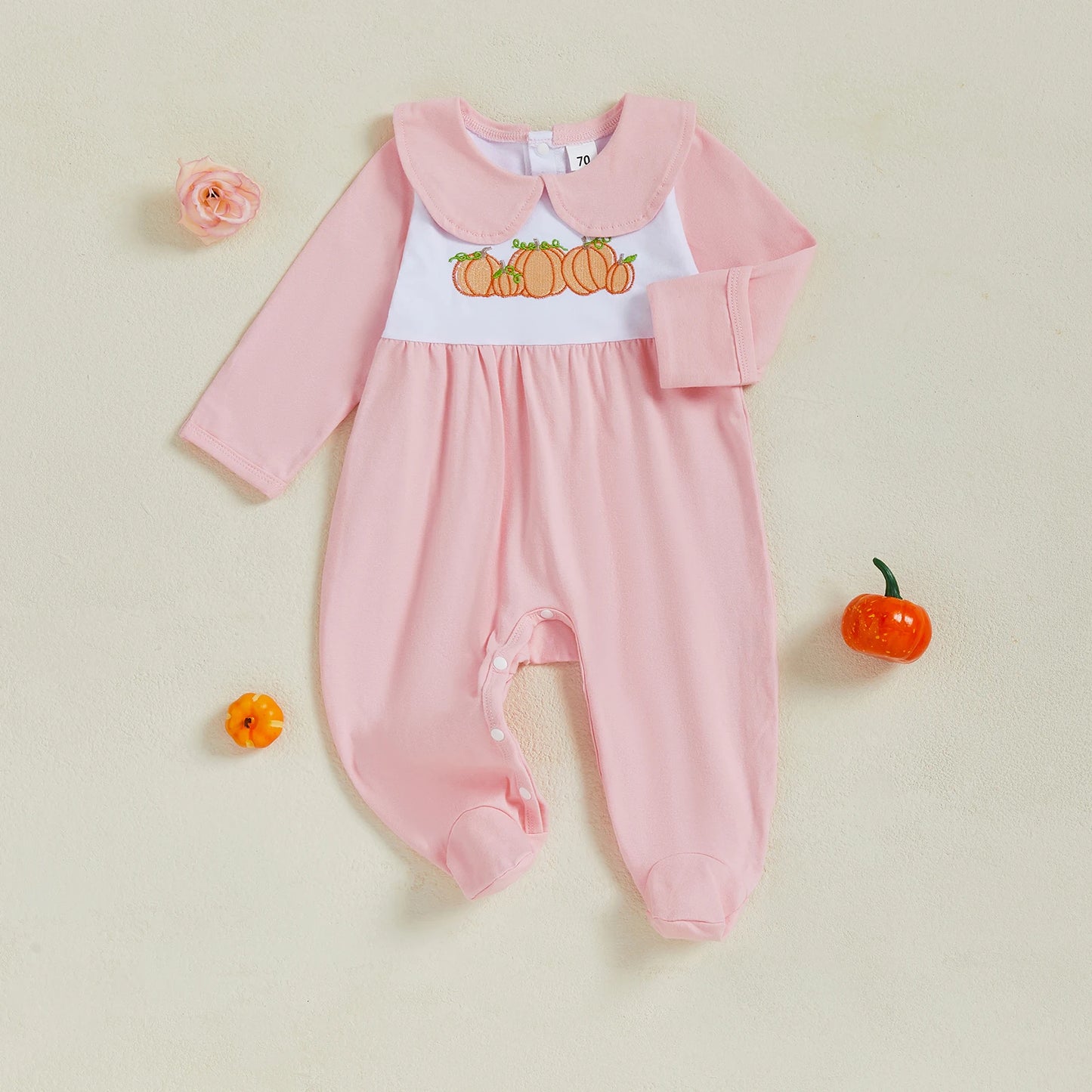 Baby Girl Halloween Romper Pumpkin Embroidered Doll Collar Long Sleeve Footie Pajama Cute Winter Fall Clothes