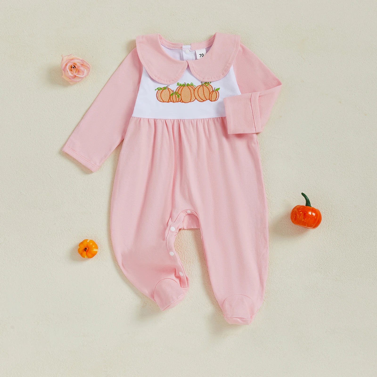 Baby Girl Halloween Romper Pumpkin Embroidered Doll Collar Long Sleeve Footie Pajama Cute Winter Fall Clothes