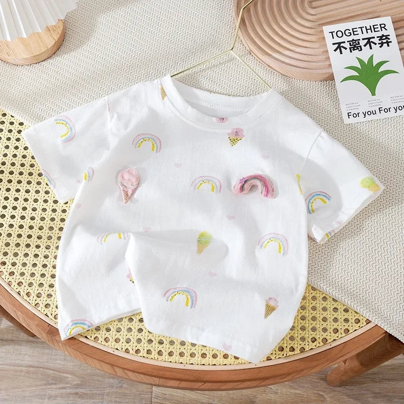 (Children's Clothing Girls Short-sleeved Summer Cotton Cute Baby Girl Stylish Flower Children's T-shirt Clothes