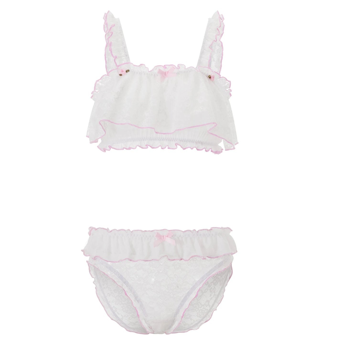 Sexy Lace Lingerie Set with Bow Detail and Thong Panties Sheer Nightgown with Colorful Trim and Frilly Bra