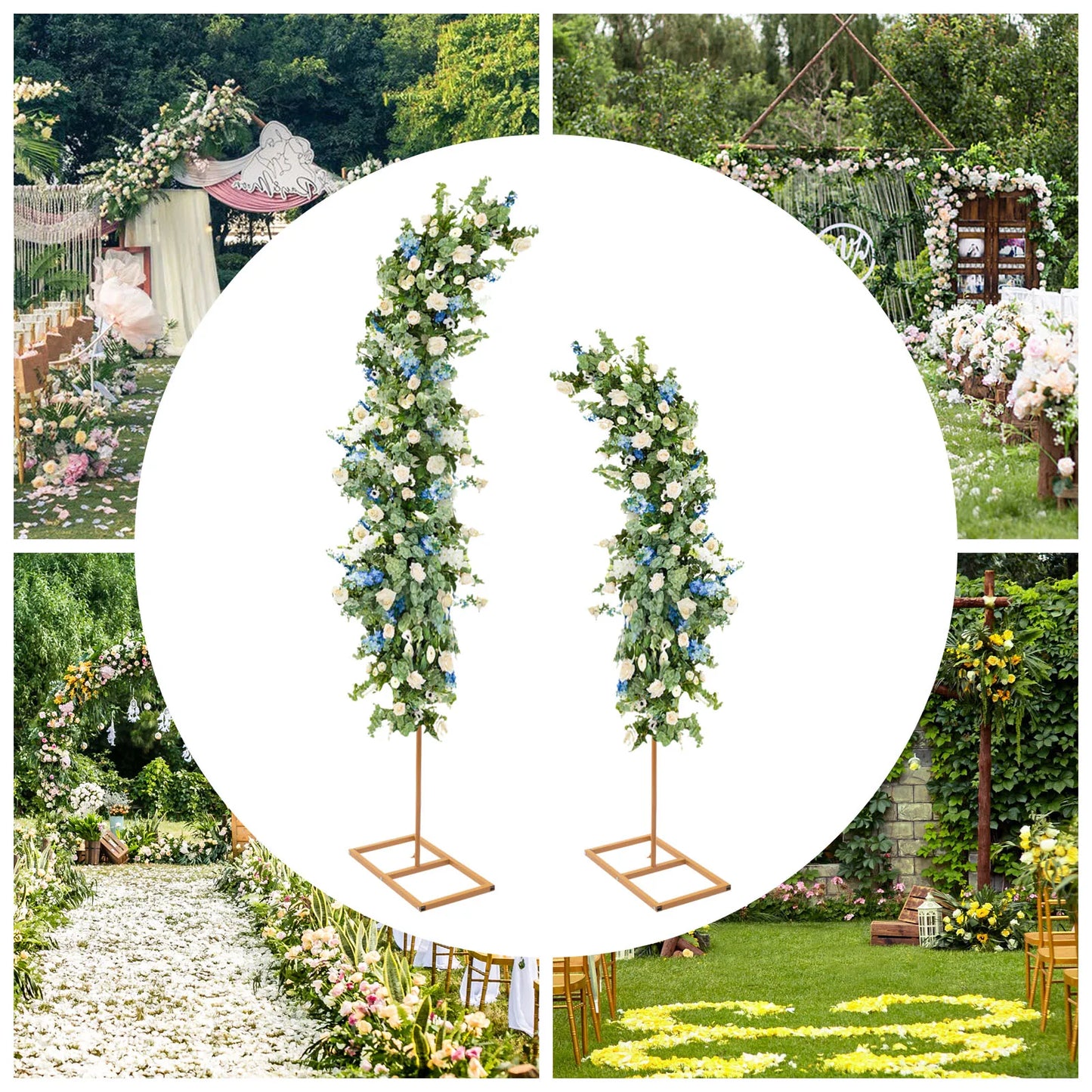 2 Pieces Gold Wedding Arch Balloon Flower Backdrop Stands Road Guide Wedding Stand Curved Top Frames 6ft, 8ft