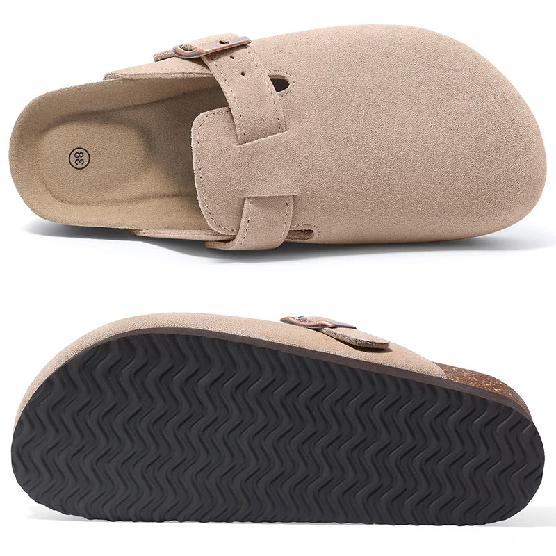 Smile Pop New Fashion Women's Suede Clogs With Back Strap Men's Leather Mules Cork Footbed Slip on Potato Shoes For Women & Men