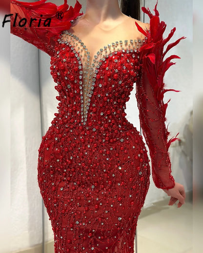 Modest Red Mermaid Wedding Dress Pearls Feather Mermaid Woman Formal Party Dresses Beads Long Sleeve Evening Dinner Party Gowns
