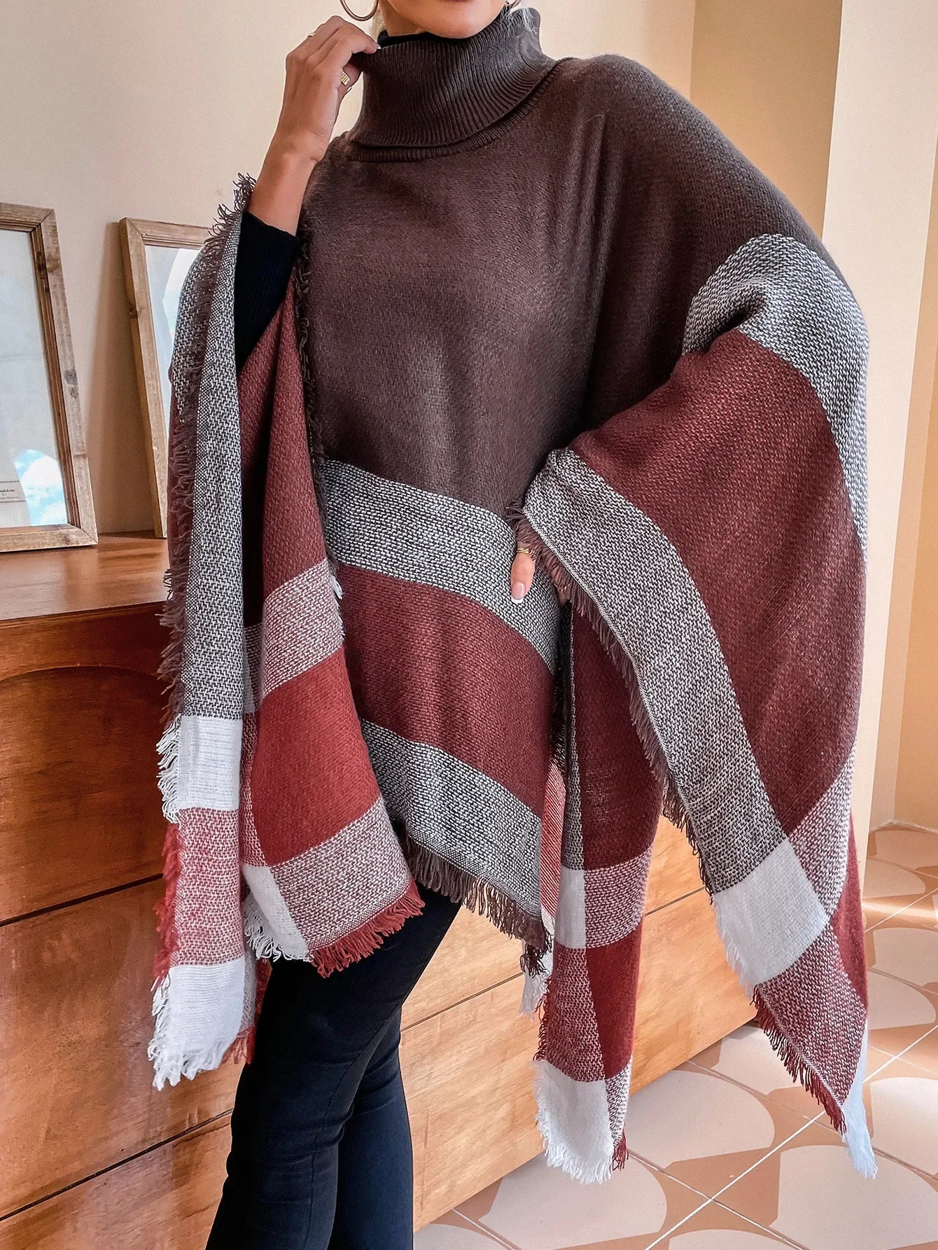 New Women Autumn Winter Striped Knitted Poncho Shawl Sweater Overcoat Streetwear Thick Warm High Neck Loose Knitwear Long Coat