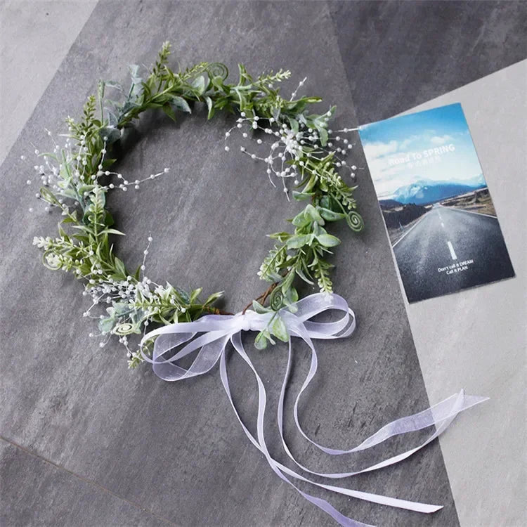 Bride Hair Accessories Fairy Tale Green Plants Simulation Leaf Beads Artificial Leaf Beads Necklace Wreath Wedding Decorations
