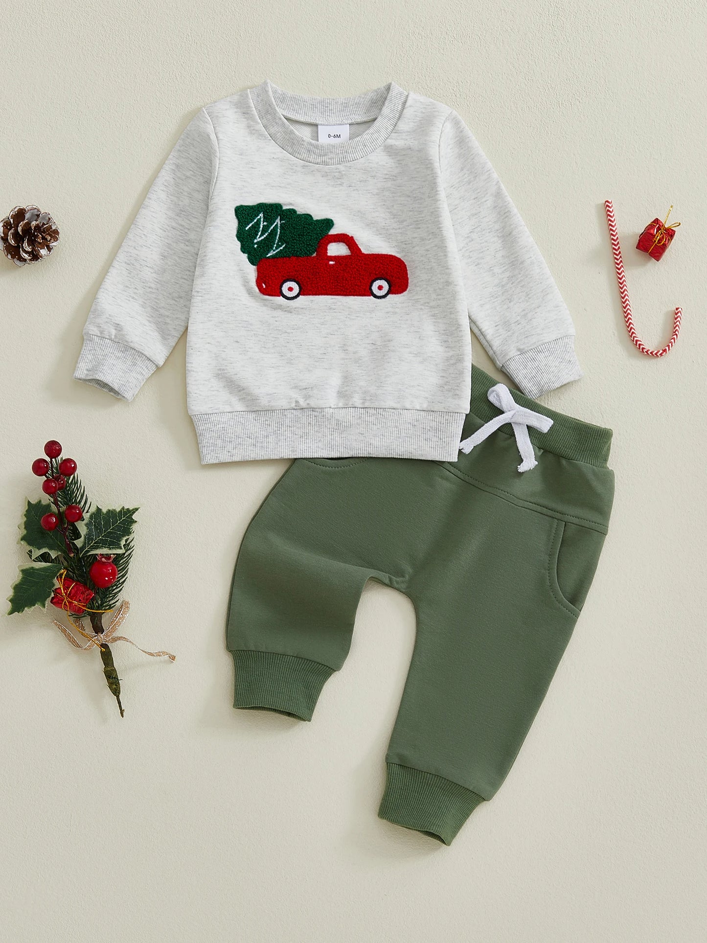 Infant Boys Winter Outfit Set with Festive Christmas Tree Embroidery Sweater and Cozy Pants for Toddlers - 2 Piece Ensemble