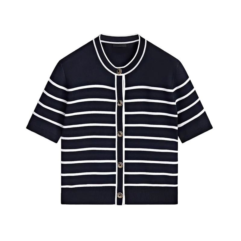 Ele Button Design Striped Cotton Knitted Open Cardigan Outerwear MD Early Autumn New Sle Commute Sle Polyester Fiber