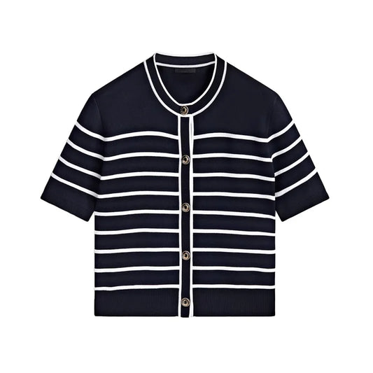 Ele Button Design Striped Cotton Knitted Open Cardigan Outerwear MD Early Autumn New Sle Commute Sle Polyester Fiber