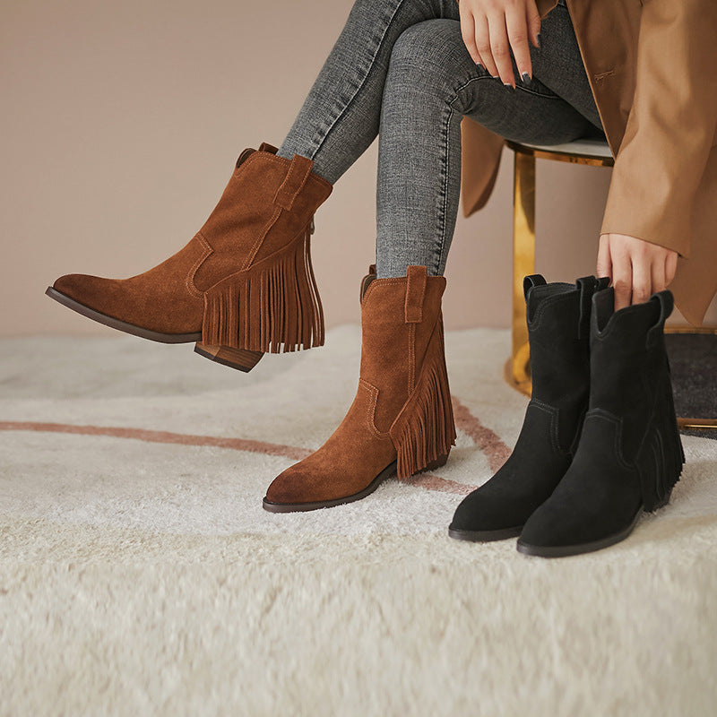 Pointed Tassel Vintage Boots with Thick Heel – "Tassel Edge" Edition
