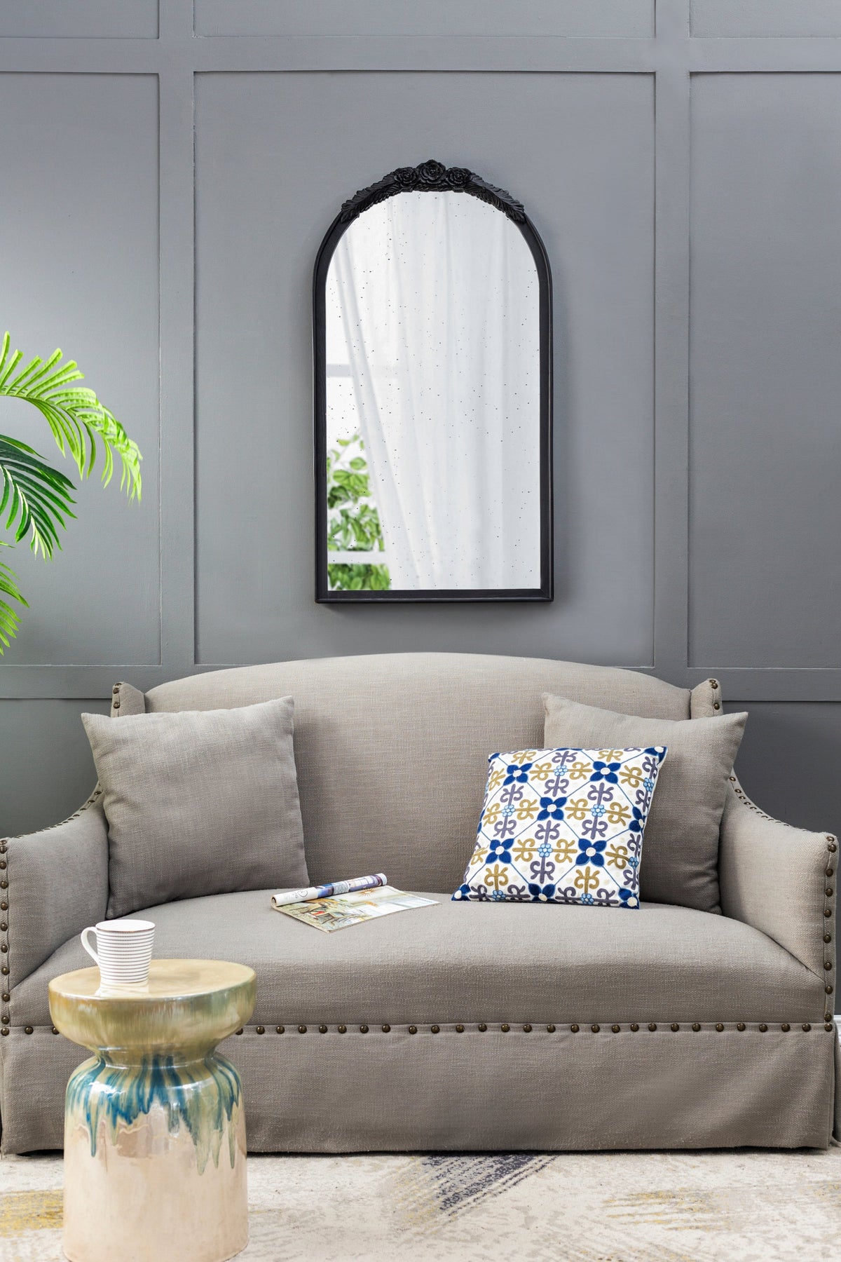 Hand-Carved Rose Arched Wall Mirror, Available in 2 Colors