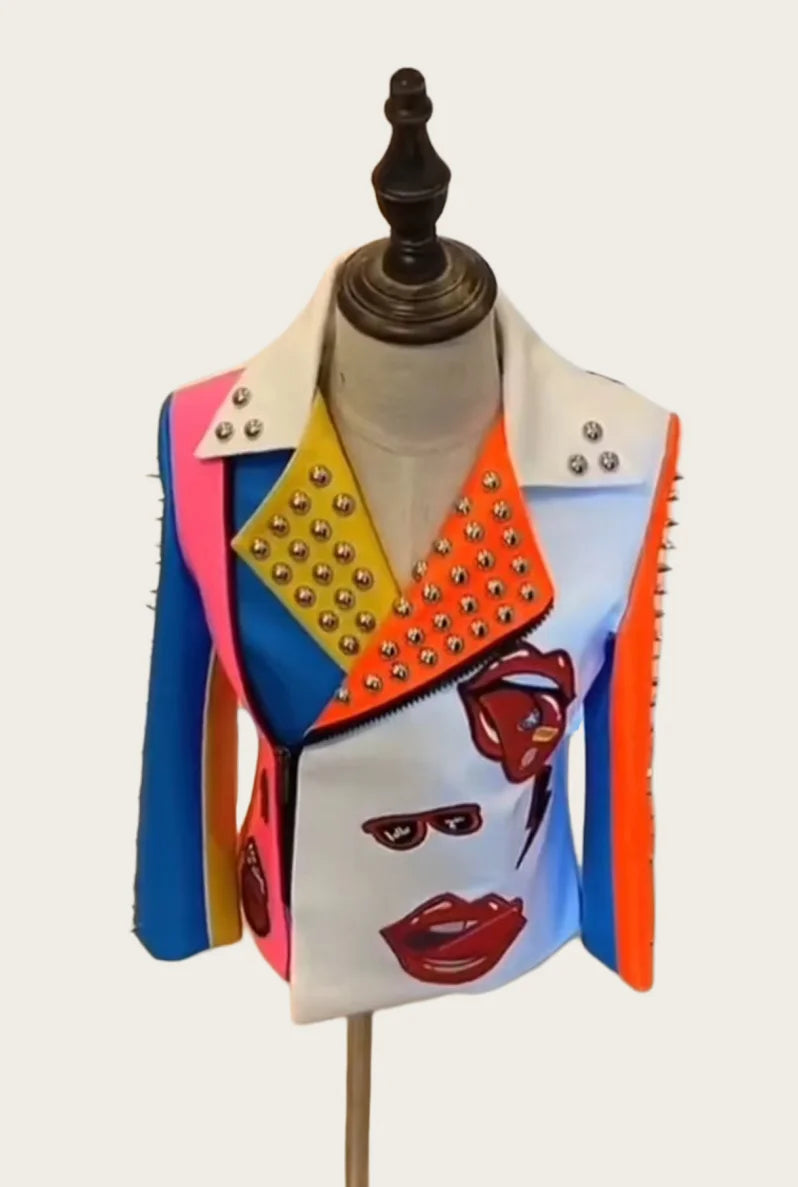 Hiphop Jazz Rivets Leather Jacket Colorful Patchwork Performance Coat Bar Club Party DJ Show DanceWear
