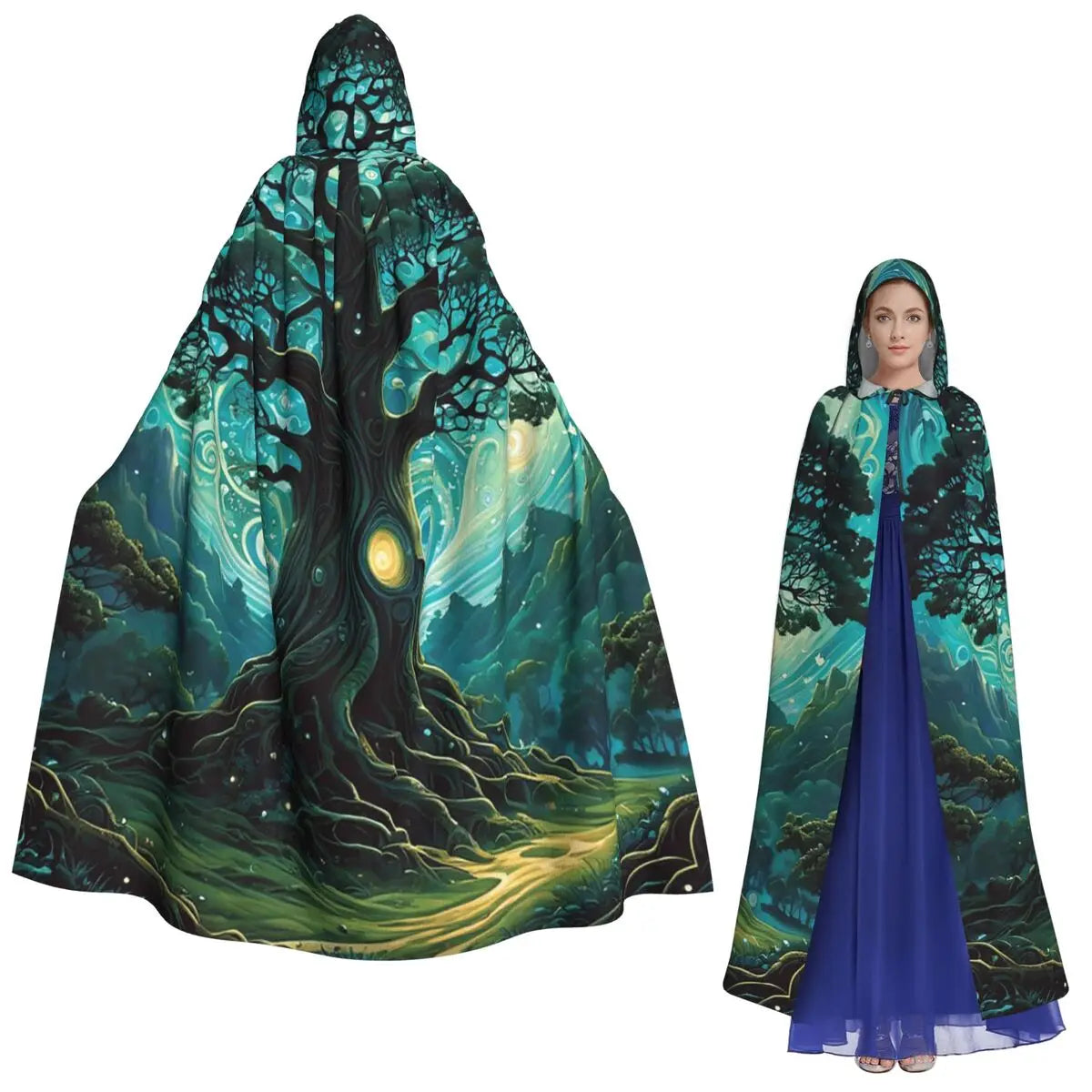 Magic Green Tree Long Hooded Cloak Witch Medieval Costume Cosplay Cape HalloweenVampire Adult Unisex