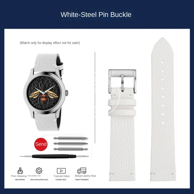 watch band For GUCCI YA1264065 Little Bee Embroidered Gucci Men's and Women's Green Genuine Lea/ther Watch Strap 20mm Bracelet