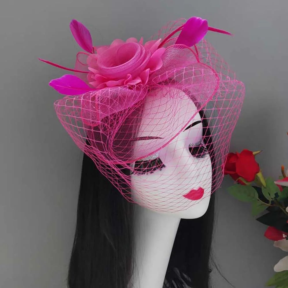 Fashion Feather Mesh Fascinator Hat Bow Elegant Veil Hat Headwear Hair Hoop Headdress Bride Headband Wedding