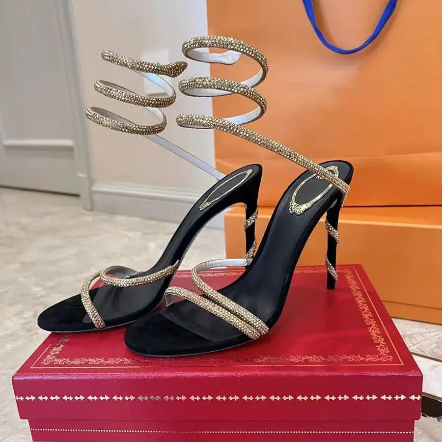 2025 New Luxury Women's Sandals Sexy Gold Rhinestone Snake Surrounding Crystal Contrast High Heels Banquet Wedding Shoes