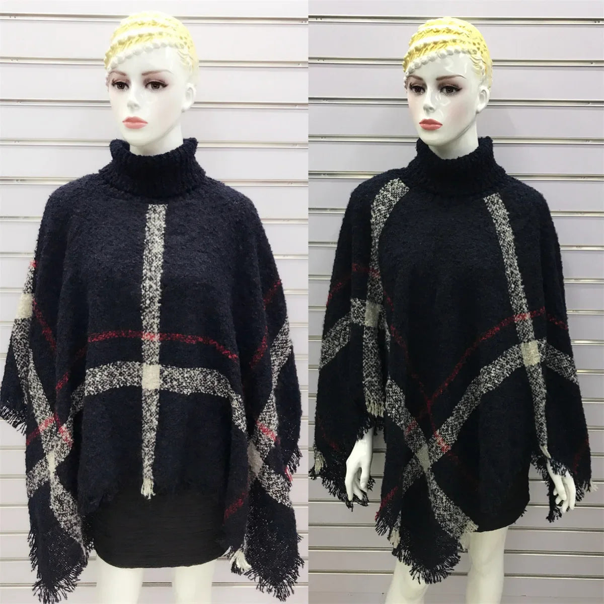 New Women Autumn Winter Striped Knitted Poncho Shawl Sweater Overcoat Streetwear Thick Warm High Neck Loose Knitwear Long Coat