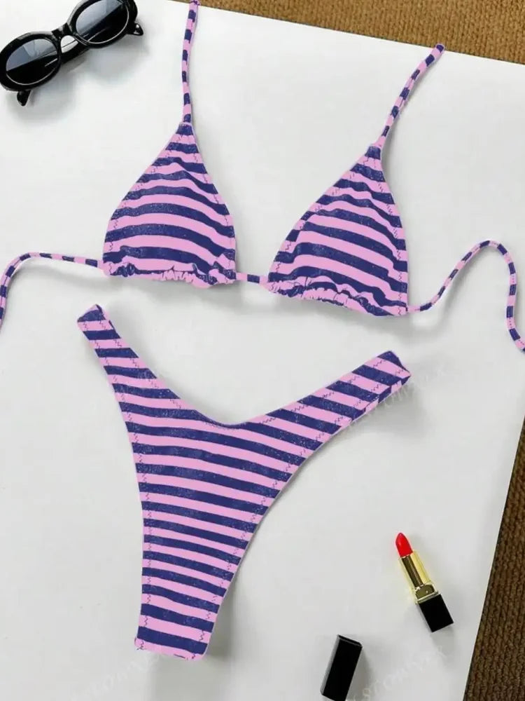 2025 New Beach Vacation Fashion Personality ins Style Bikini Suit Y2K Sexy Hot Girls Striped Printed Triangle Lingerie Underwear