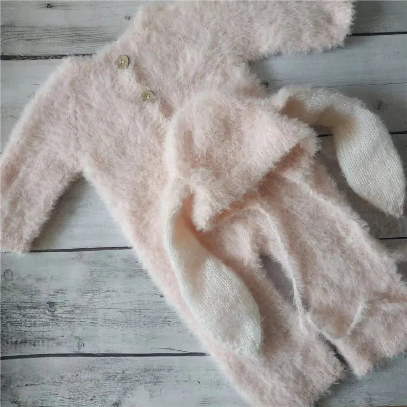 2025Newborn fuzzy bunny romper for baby photography props,pink rabbit for photo clothes