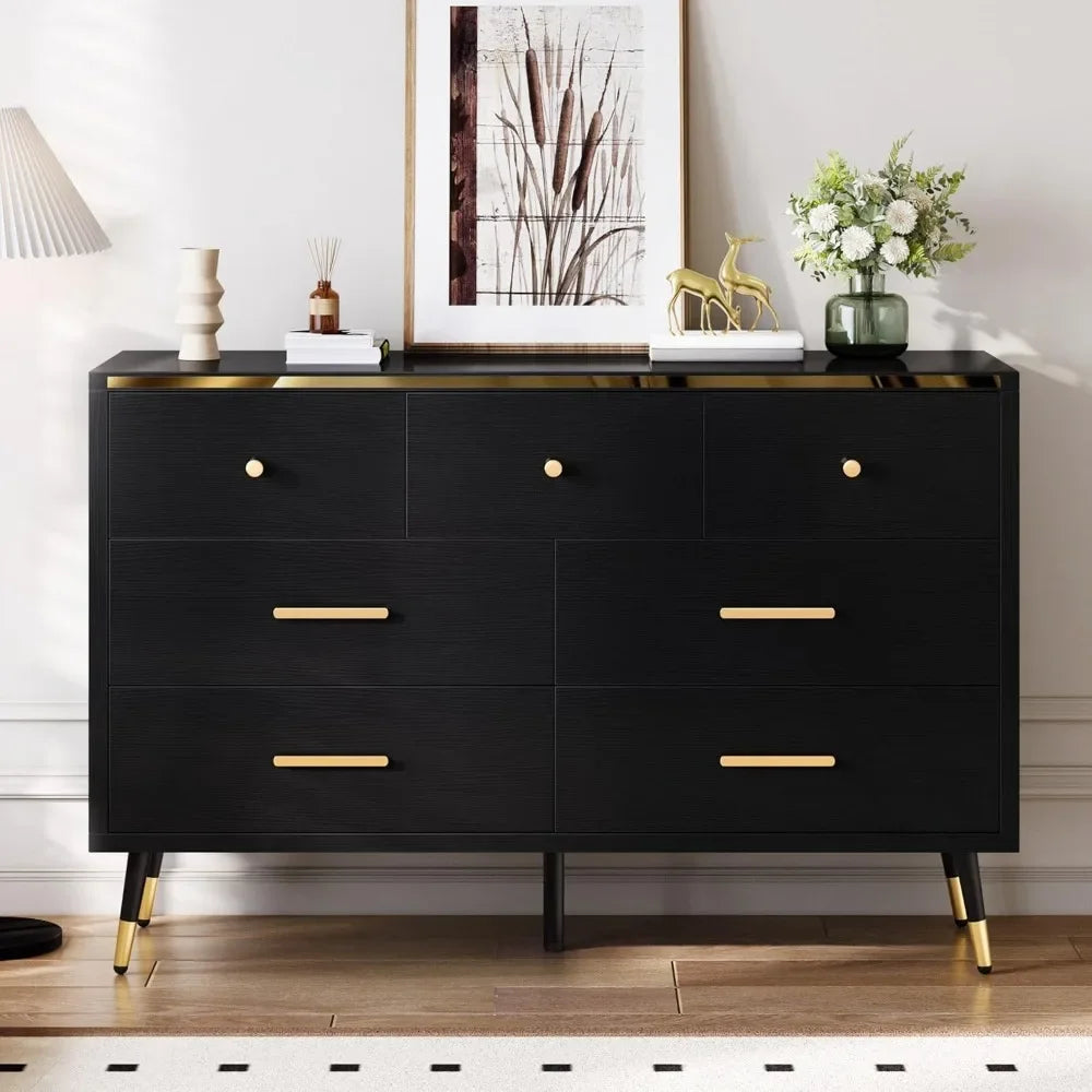 Black Dresser,7 Drawer Dresser with Wide Drawers and Gold Metal Handles, Wood Dressers & Chest of Hallway, Entryway