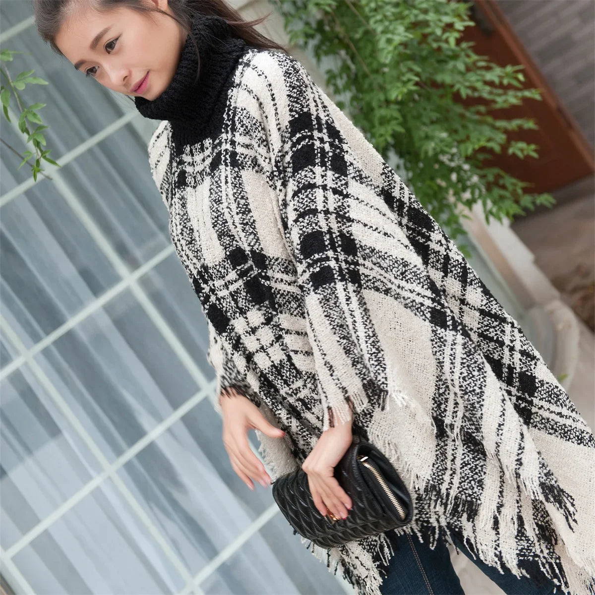 New Women Autumn Winter Striped Knitted Poncho Shawl Sweater Overcoat Streetwear Thick Warm High Neck Loose Knitwear Long Coat
