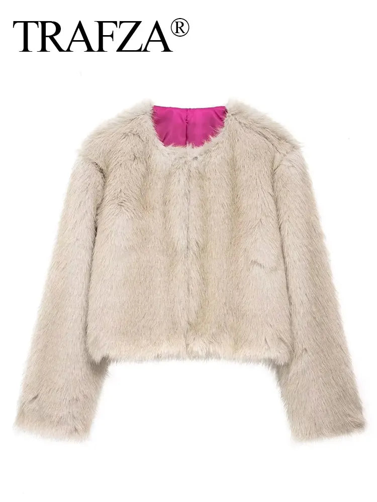 TRAFZA Women Fashion Solid Faux Fur Coat O Neck Long Sleeve Cropped Jacket Autumn Winter Female Fashion High Street Outerwear