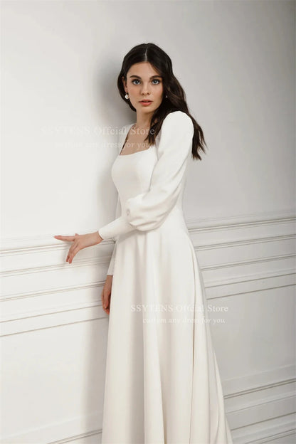 SSYTENS Elegant Square Neck A Line Wedding Dresses Full Sleeves Long Bridal Gown Woman Open Back Pleats Customized Bride Dress