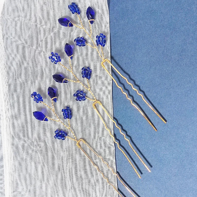 3PCS Women Blue Color Flower Hairpin Stick Wedding Bridal Crystal Pearl Hairpin U Shaped Hair Clip Barrettes Hair Accessories