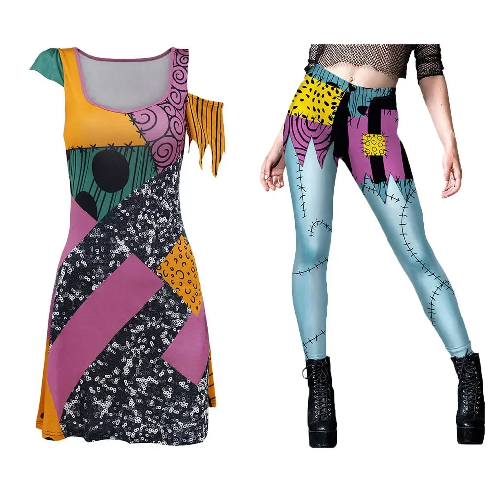 Party Adult Woman Disguise Sally Dress Leggings Cosplay Movie Scary Gothic Jumpsuit Role Play Carnival Halloween Costumes