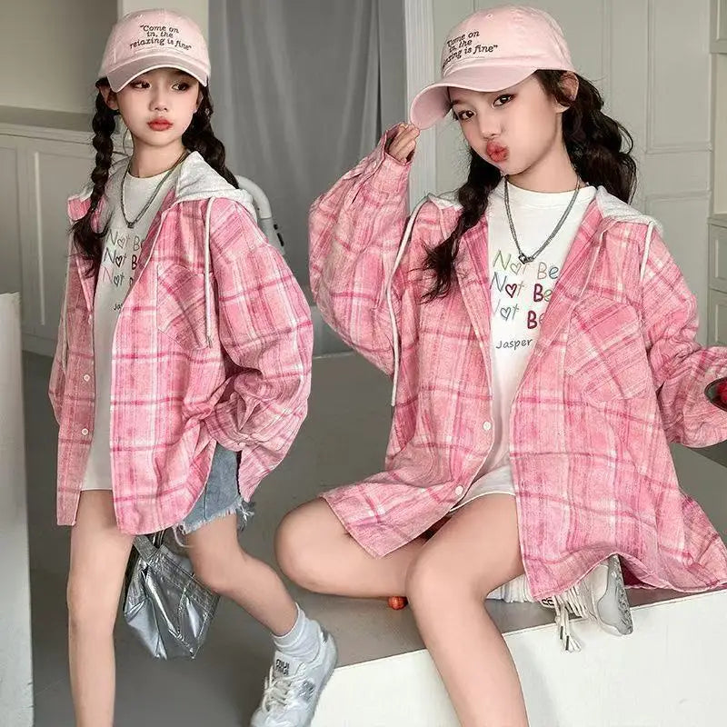 Sweet Students Girls Pink Plaid Shirt Jackets Hooded Coats Single-breasted Loose Oversize Outerwear Harajuku Korean Trendy Tops
