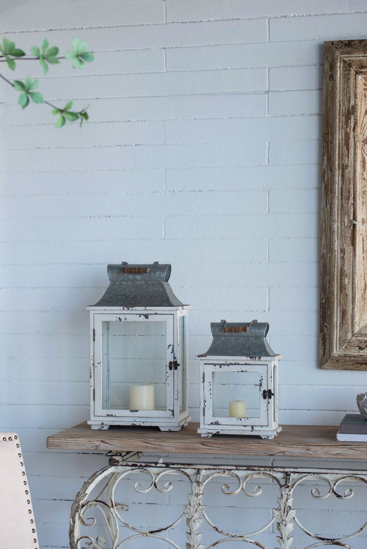 Set of 2 White Wood & Metal Hurricane Candle Lanterns