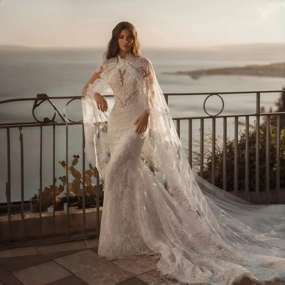 Customized Semor High Neck Lace Mermaid Wedding Dress Long Cape Sleeves Corset Luxury Style Bridal Gown Vestidos De Novia