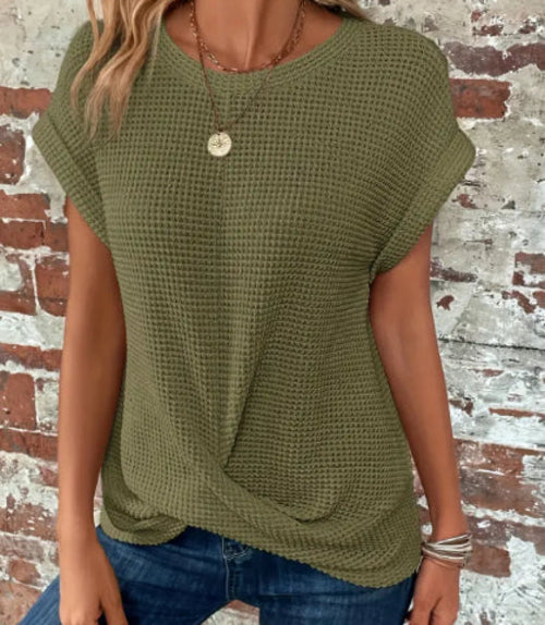 Short-sleeved Waffle T-shirt Summer New Solid Color Crew Neck Top For