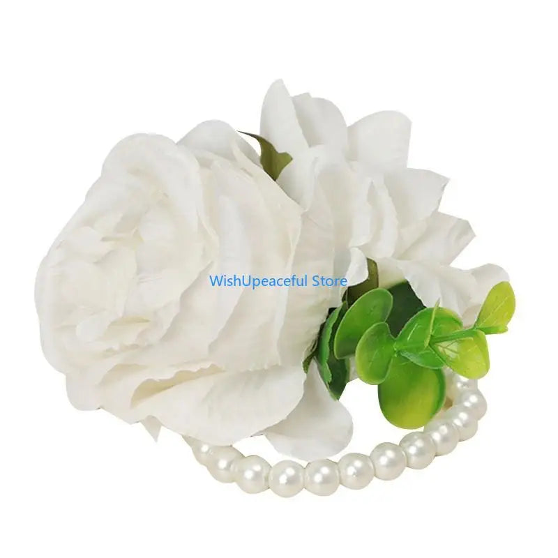 34YA Artificial Rose Wrist Corsage Wristband with Greenery Leaves Wedding Pearls Wristlet Hand Flowers for Women Bride Party