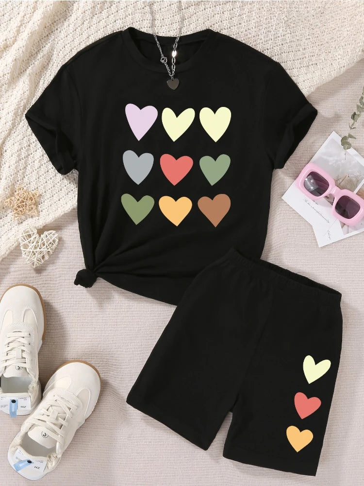 Summer Baby Girls Clothes Set Kid Sweet Heart Printed T-shirts and Shorts 2 Pieces Suit Children Short Sleeve Tracksuits