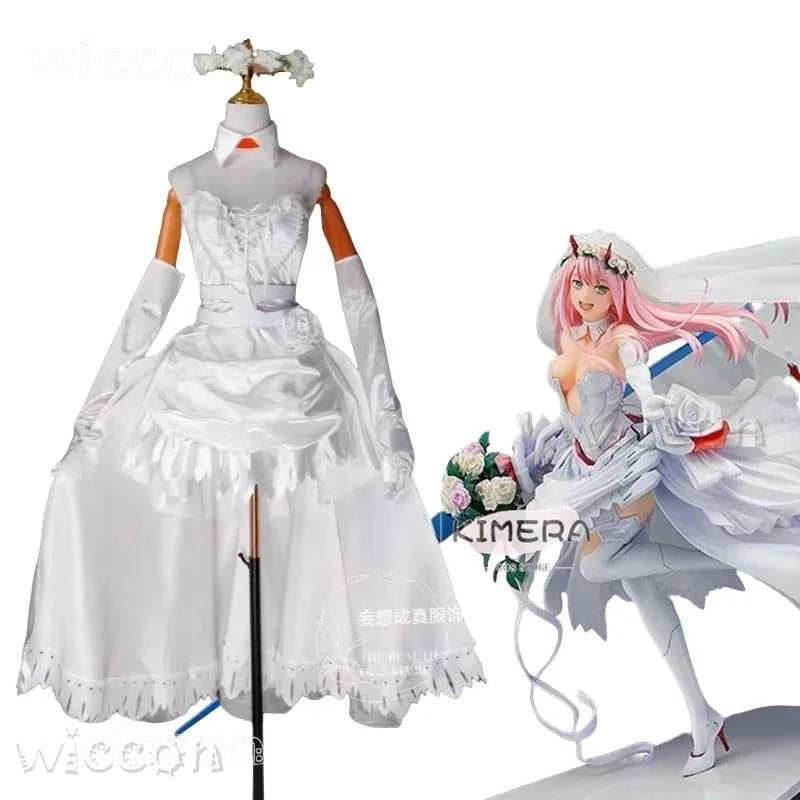 asdh8@Zero Two 02 Cosplay Costume Wig Figure Same Style Roleplay Anime DARLING Bride in the FRANXX White Lace Gown Wedding Dress
