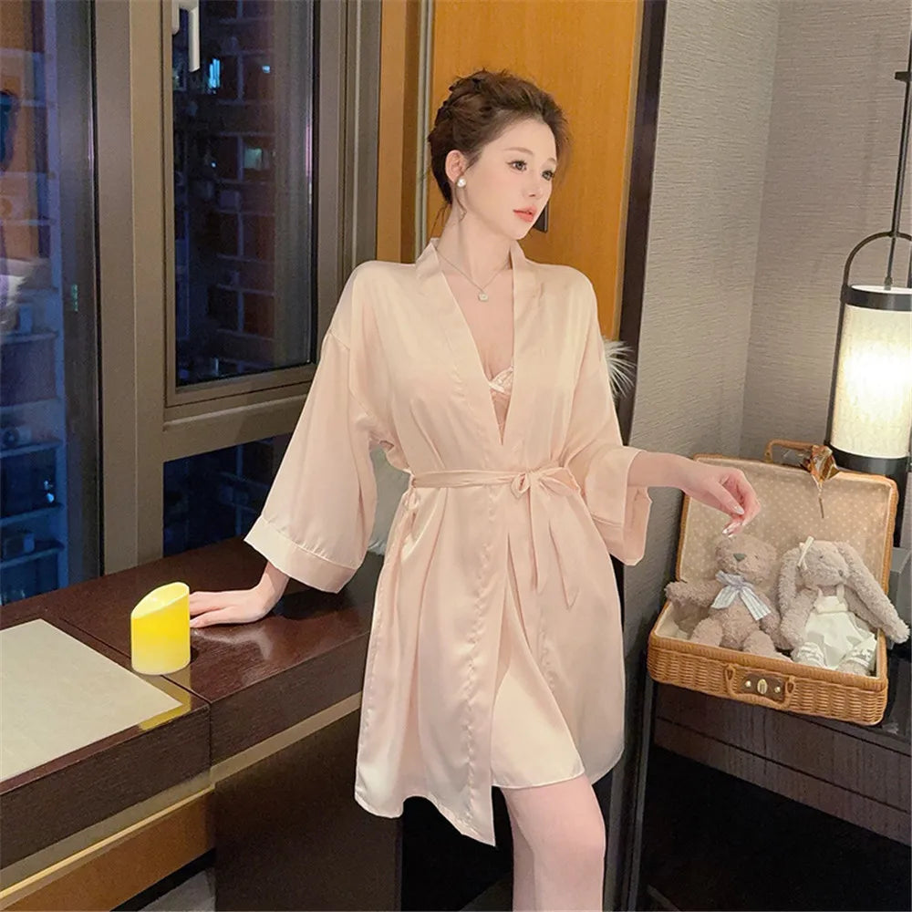 Women's Satin Silk Robe Sets Nightgown Robes Kimono Sexy Lingerie V Neck Night Dress Sleepwear Woman