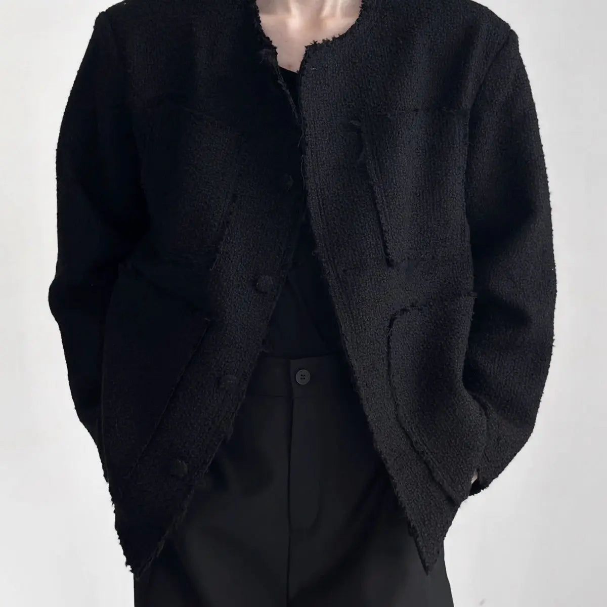 Men's Luxury 4-Pocket Tweed Jacket Korean Streetwear Raw Edge & Woven Oversized Blazer Edgy Spring Autumn Chic Loose Fit Coat