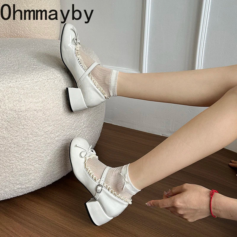 Butterfly-knot Women Mary Jane Shoes Elegant Patent Leather Wedding Party Thick Heel Ladies Footwear
