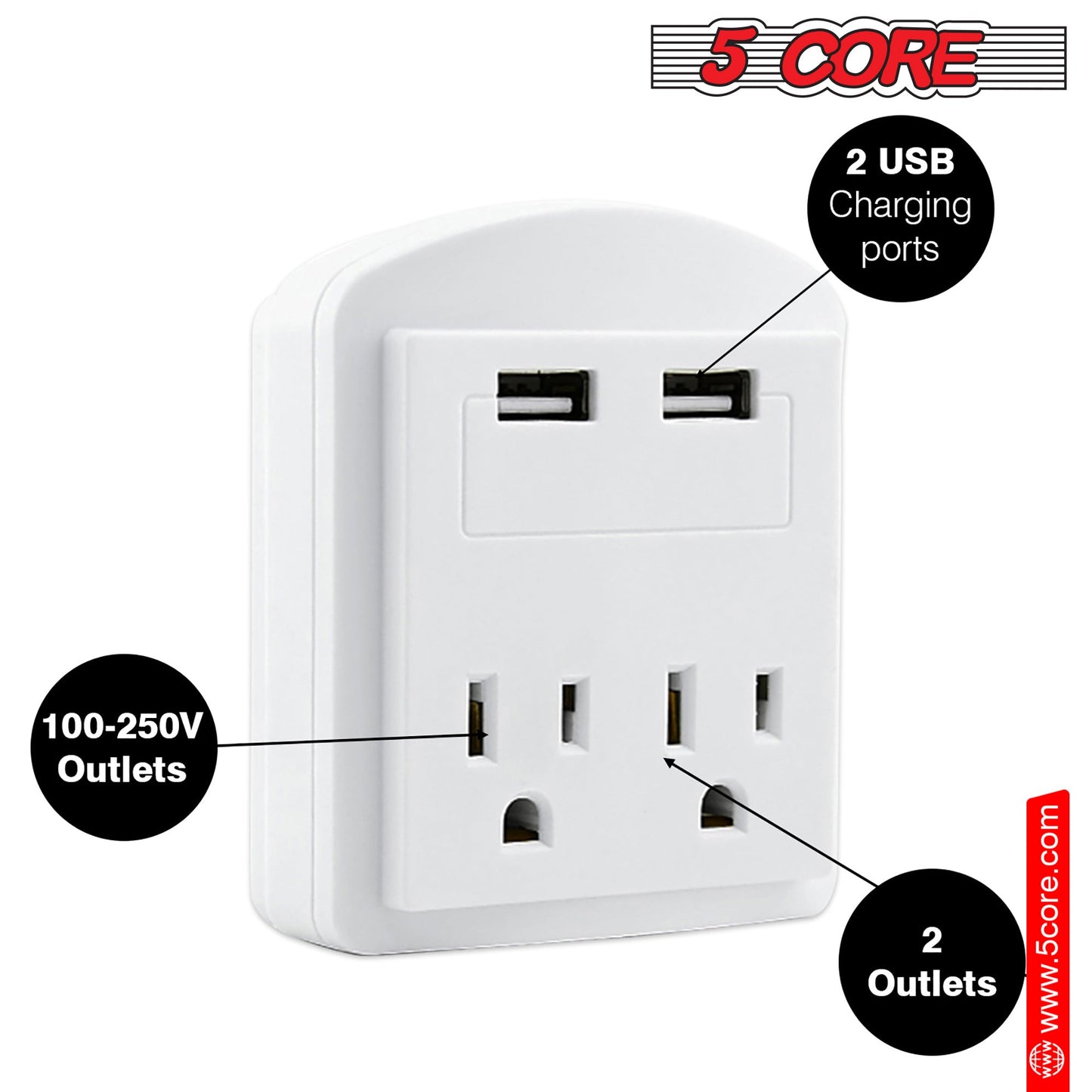 5 Core Travel Plug Adapter European International Power Plug w/ 2 USB,